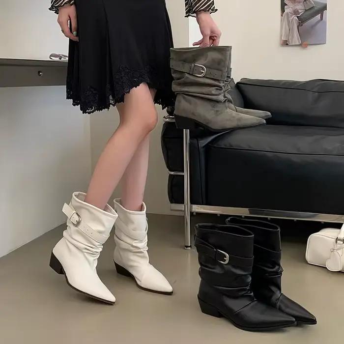 Nouvelles Bottes Cheville Pointues Style Chevalier 2026 - Bottes Mi-Mollet en Cuir Antidérapantes à Talon Épais et Ceinturées pour Femme