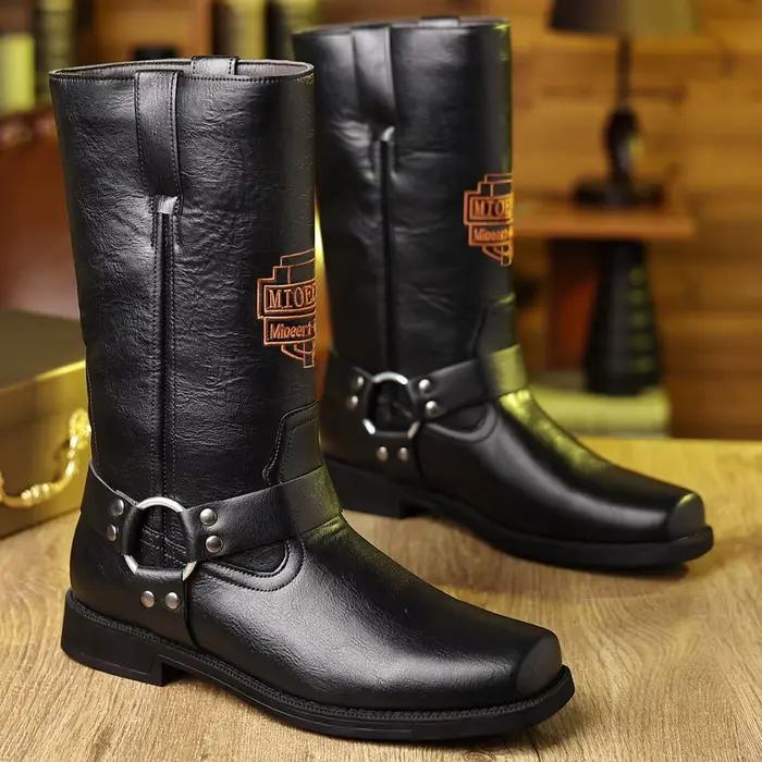 Bottes en cuir pour hommes avec manchon brodé rétro pour bottes de moto, bottes de cowboy western à tige large