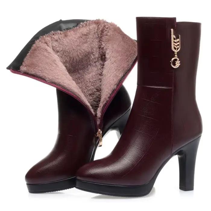 Bottes mi-mollet pour femmes, bottes à talons hauts pointus, bottes en cuir décontractées de haute qualité pour femmes, bottes d'hiver chaudes et douces