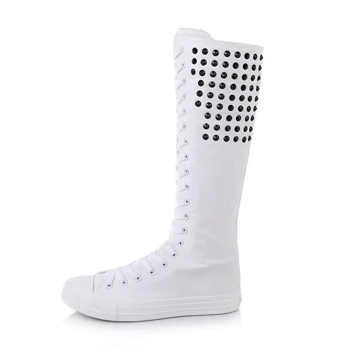 Cuissardes à talons plats pour femmes, chaussures en toile pour femmes, bottes à rivets punk, bottes à glissière, bottes longues confortables, mode féminine, 34-43