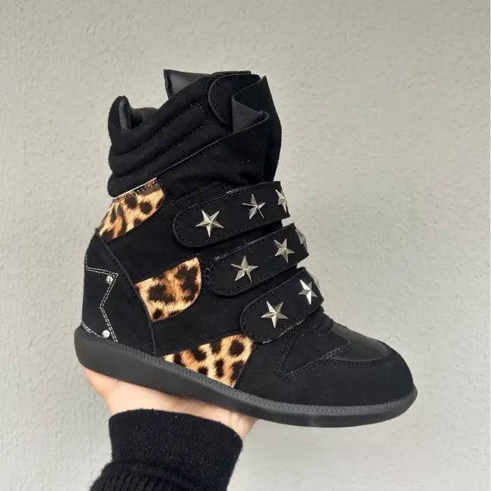 Bottes de Luxe en Cuir Véritable pour Femmes, Style de Rue Élégant à Imprimé Léopard, Pour Printemps/Automne Occasions Spéciales