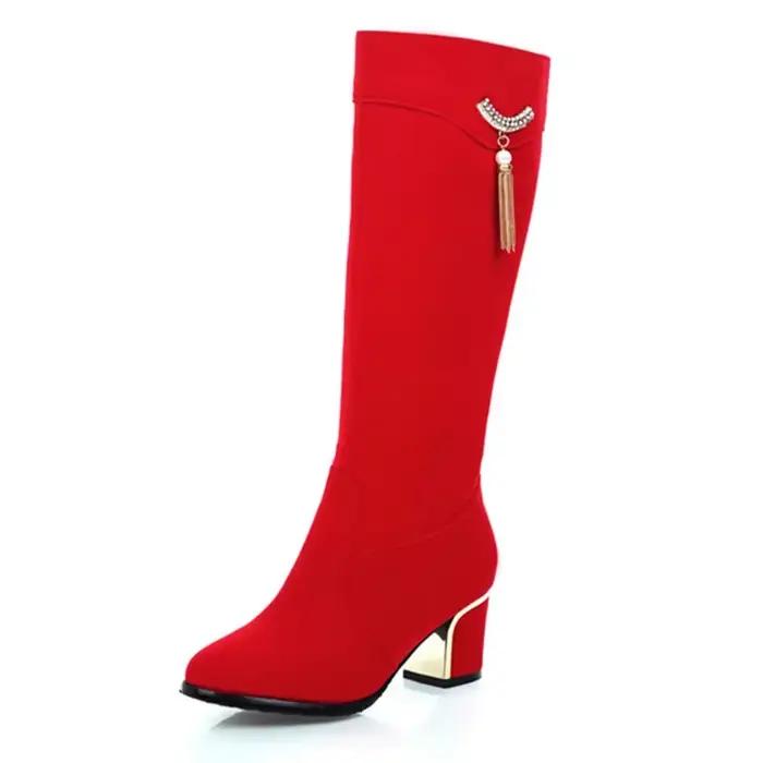 Automne hiver genou bottes hautes femmes noir rouge troupeau femmes bottes hautes de luxe talons bas décontractés mode longue chaussures de fête femme