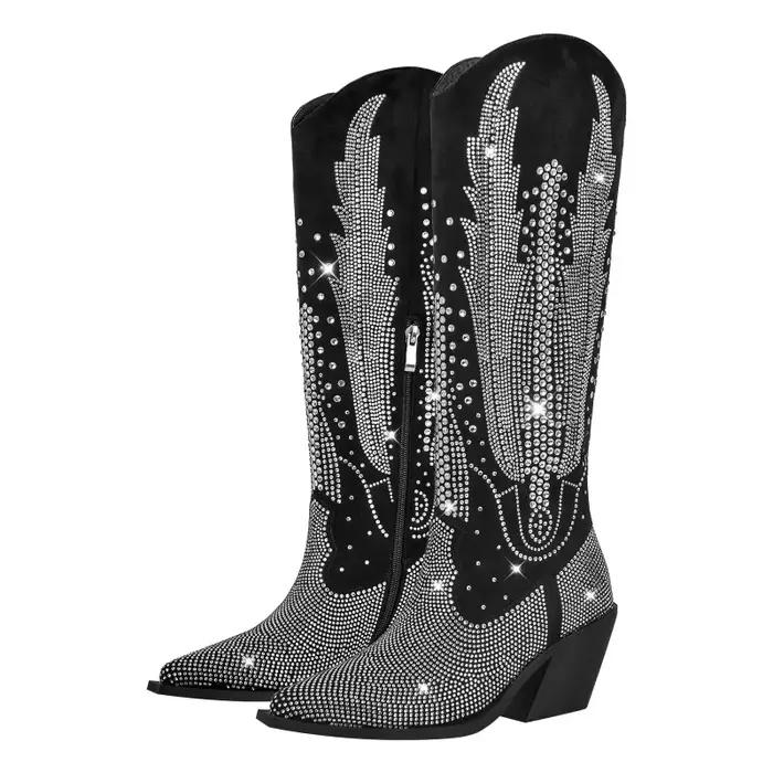 Bottes de cowboy rétro occidentales faites à la main pour femmes, bottes hautes au genou, biscuits chauds, performance européenne et américaine, mode de piste optique, talon