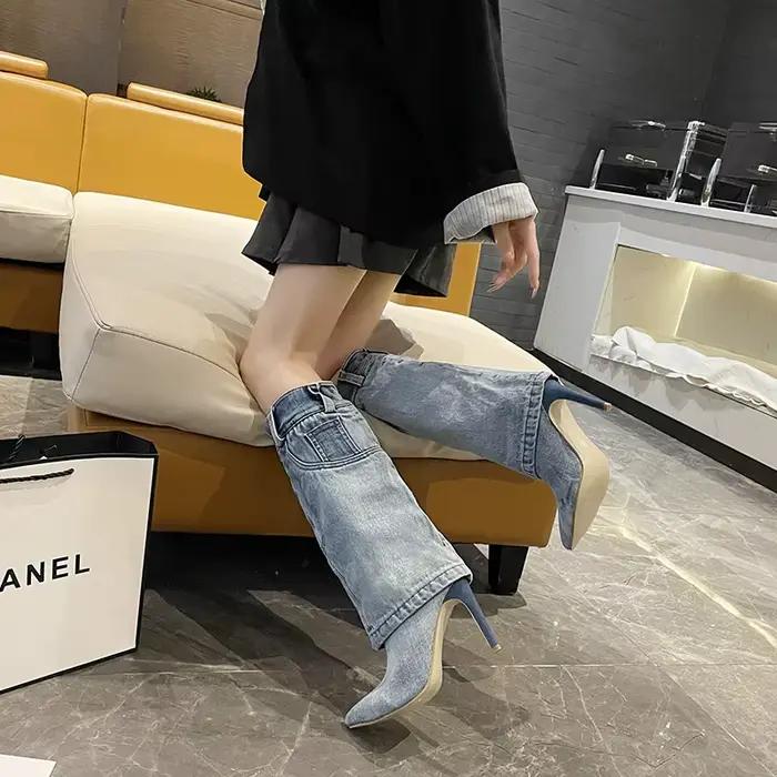 Bottes hautes en denim bleu rétro pour femmes bottes à bout pointu printemps automne talon fin mi-mollet occassions quotidiennes vacances shopping école