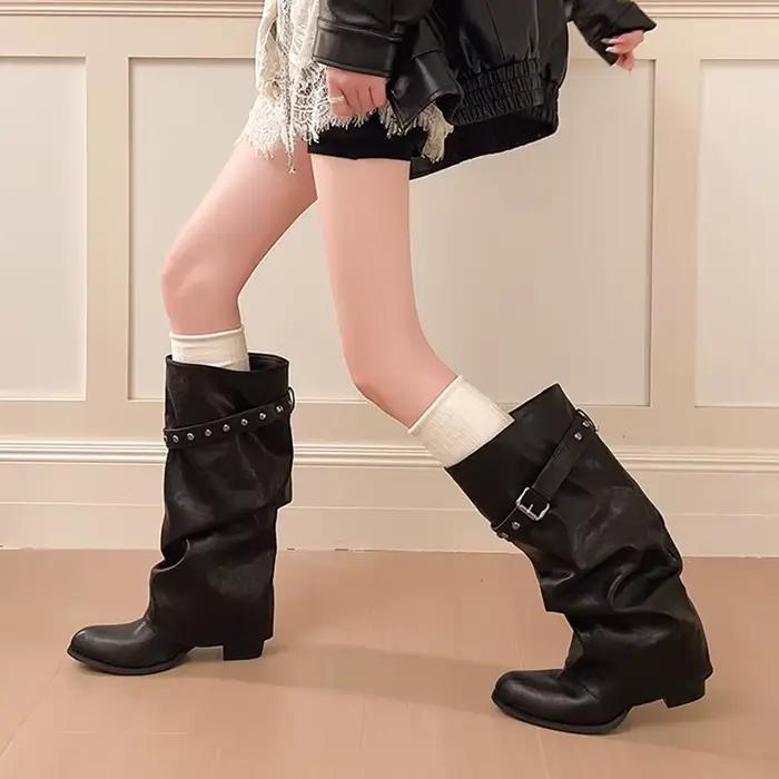 Bottes au-dessus du genou, style chevalier, plissées et superposées avec ceintures, bottes culotte à jambe large, Nouveau style 2026
