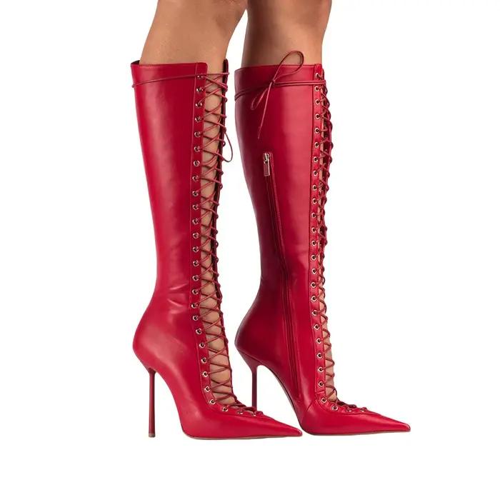 Nouvelles Bottes Courtes à Lacets Printemps Automne Talon Haut Bout Pointu Taille Parfaite Pour Femme Occasions Spéciales