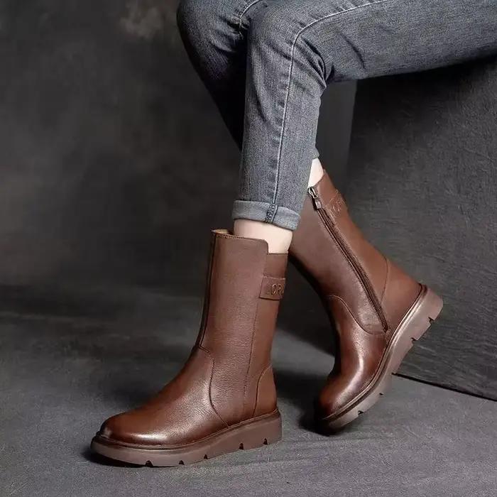 Bout rond femmes demi bottes hautes élégant mode dames mi-mollet chaussures concepteur de luxe qualité