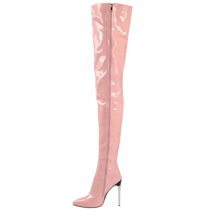 Bottes de cuir verni au-dessus du genou avec talons fins pour femmes, sexy et résistantes à l'eau, parfaites pour les occasions hivernales