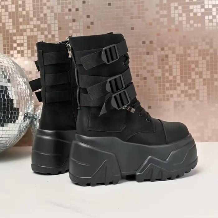 Nouvelles Bottes de Cheville Moto Plateforme Bout Rond Hauteur Augmentante à Lacets Mode Concise pour Femmes Occasions Spéciales