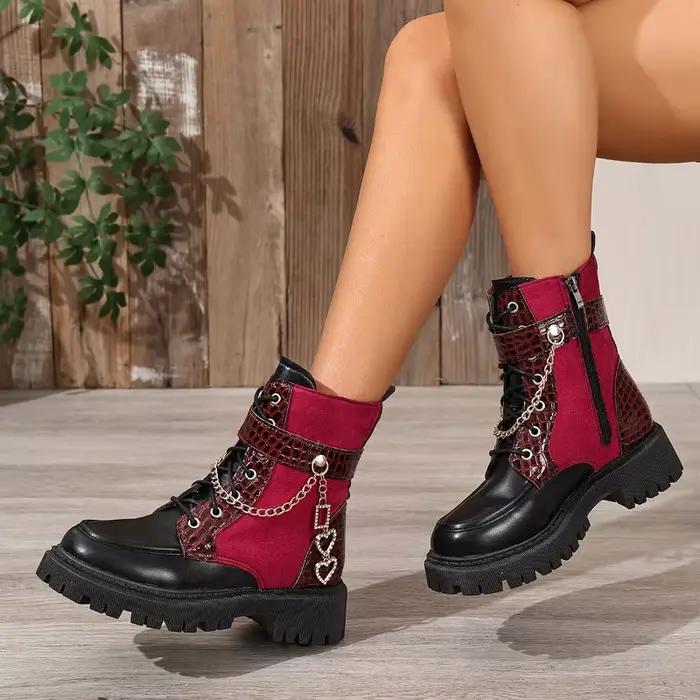 Bottes pour femmes, bottes de créateur avec chaîne en métal, fermeture éclair latérale, bottines à plateforme antidérapante, Bottines Femmes