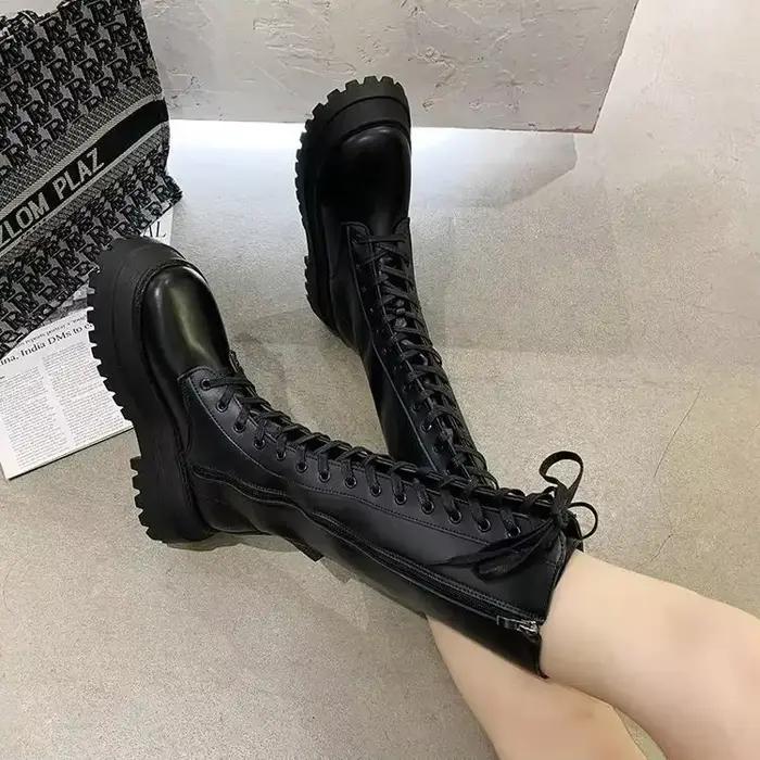 Femmes moto bottes compensées chaussures plates femme talon haut plate-forme en cuir PU
