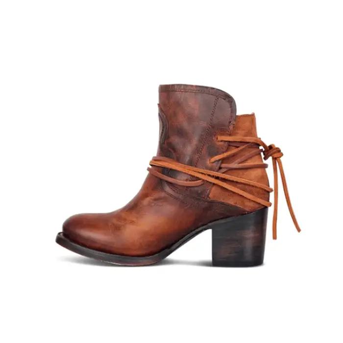 Bottines vintage à talons épais pour femme, bottines à lacets, collection automne hiver 2022, bottes chelsea, cuir de qualité, talon carré, bout pointu, style sexy, confort et élégance pour toutes les occasions