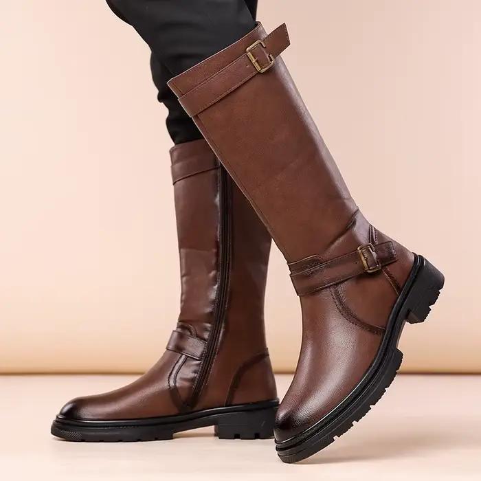 Bottes hautes en cuir noir pour hommes, bottes de moto stylistes, bottes de travail décontractées, chaussures de rue à la mode en plein air occassions spéciales