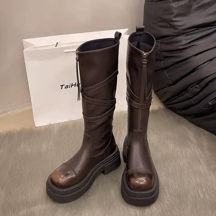 Bottes de chevalier à ceinture pour femmes, nouveau Style britannique, mode, fond épais, tête ronde, couleur lavée, tendance, 2025