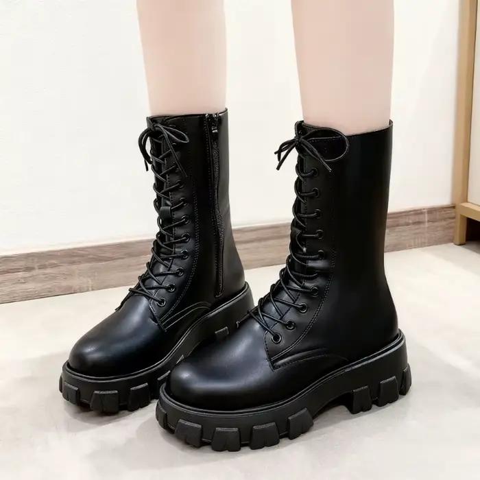 Nouveau mi-mollet bottes femmes automne hiver mode à lacets dames