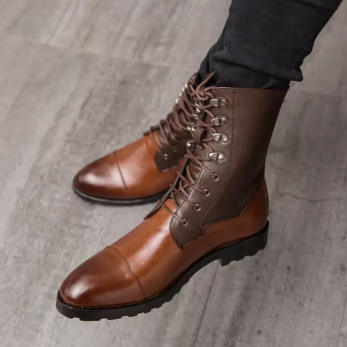 Bottes hautes en cuir vintage à lacets pour hommes, chaussures décontractées pointues, chaussures de moto, bottes pour hommes tout assorties, Parker