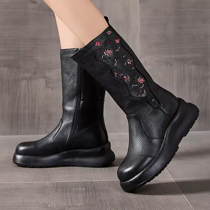 GKTINOO – bottes longues brodées en cuir véritable pour femmes, bottines à semelle épaisse faites à la main, chaussures à semelles compensées, bottes mi-mollet à plateforme