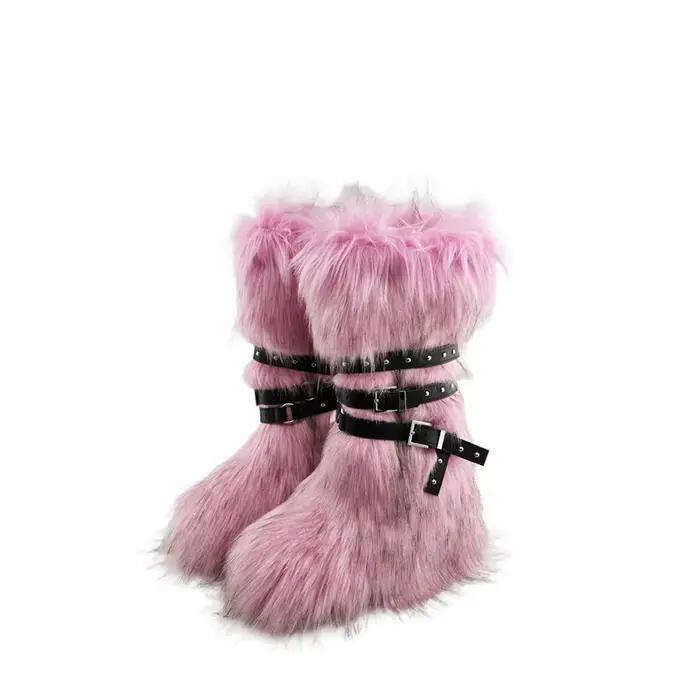 Faux fourrure genou-haute botte bout rond hauteur augmentant sauvage hiver plus chaud boucle de ceinture sans lacet