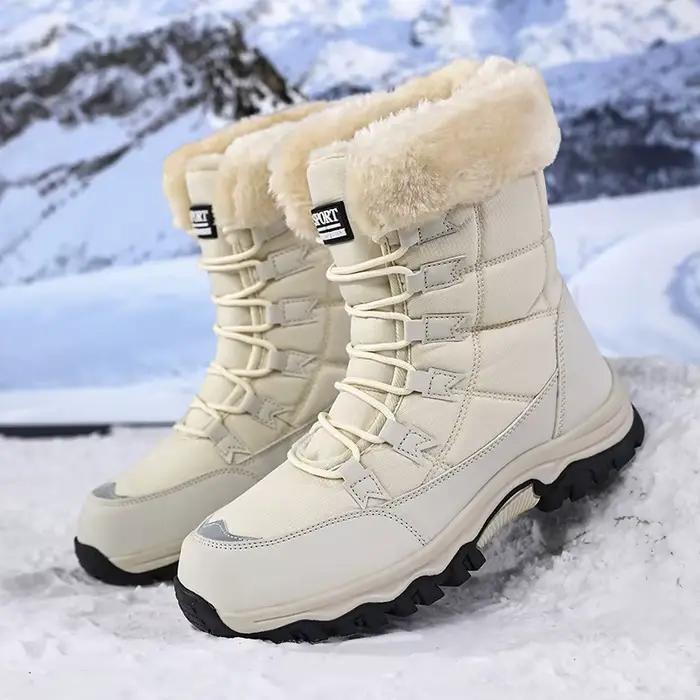 Bottes de neige mi-mollet doublées en fourrure crème pour femmes