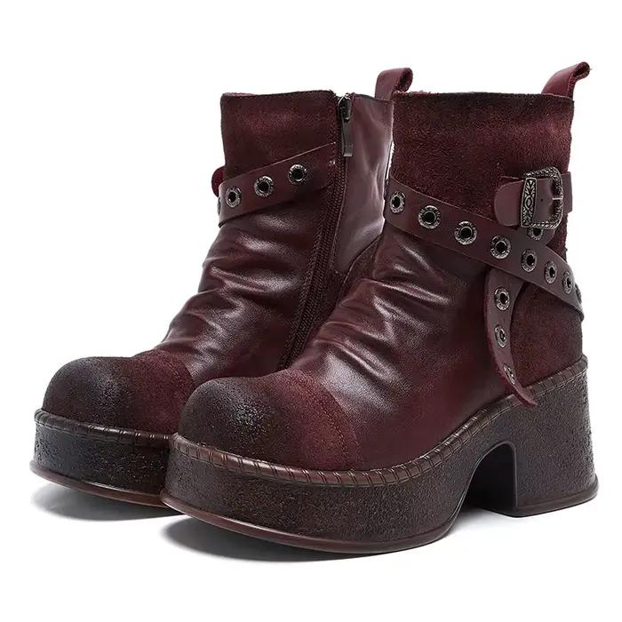 GKTINOO – bottes de moto en cuir véritable pour femmes, chaussures à bout rond avec fermeture éclair, cousues à la main, bottines rétro à plateforme, nouvelle collection 2026