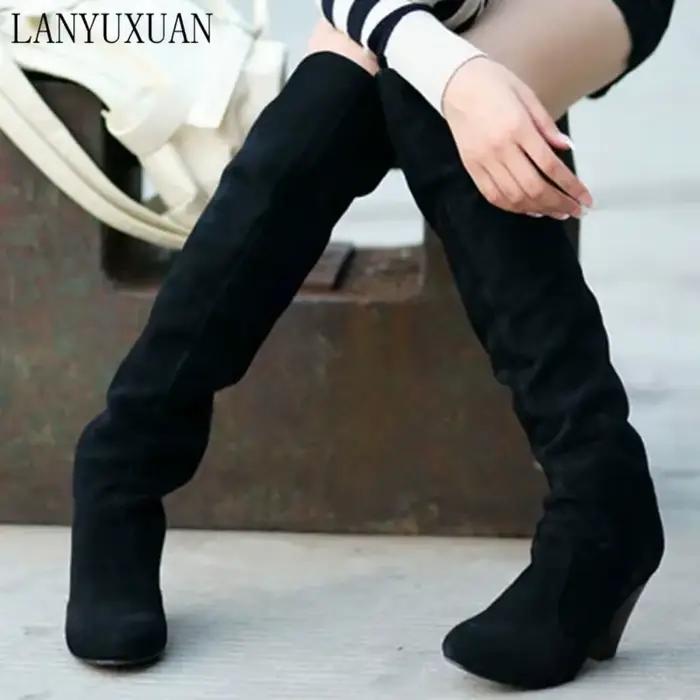 Bottes longues au-dessus du genou pour femmes, talons hauts sexy, chaussures rondes Parker, plateforme Knight, grande taille 34-43, hiver 2017, 818