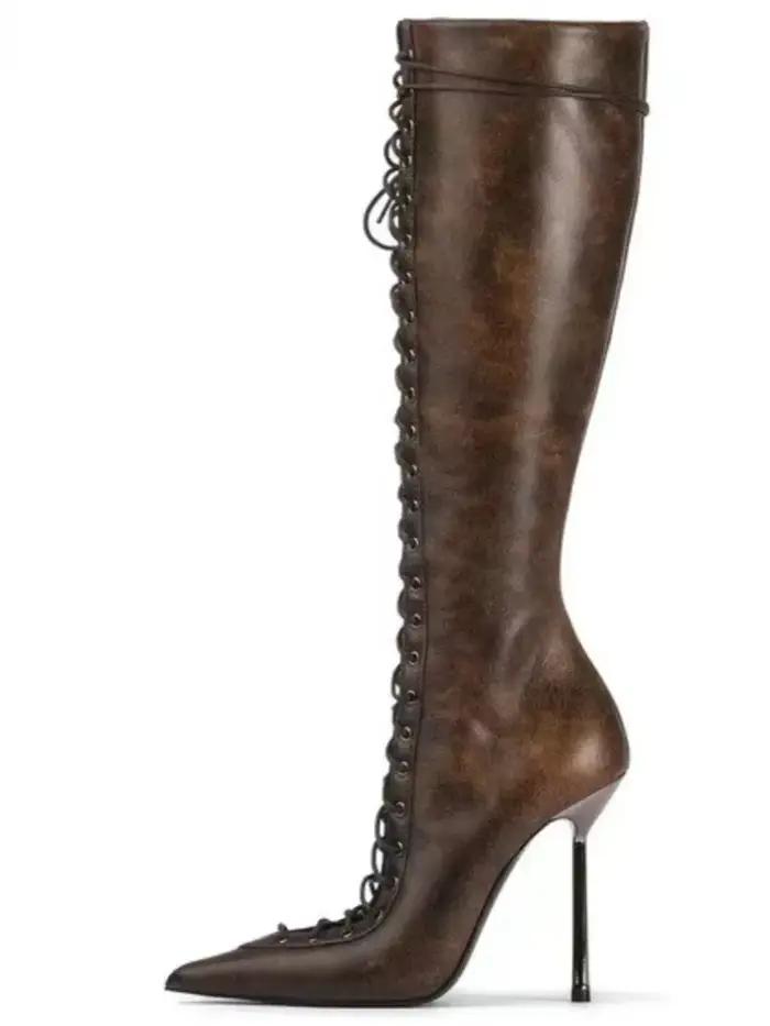 Nouvelles Bottes Courtes à Lacets Printemps Automne Talon Haut Bout Pointu Taille Parfaite Pour Femme Occasions Spéciales