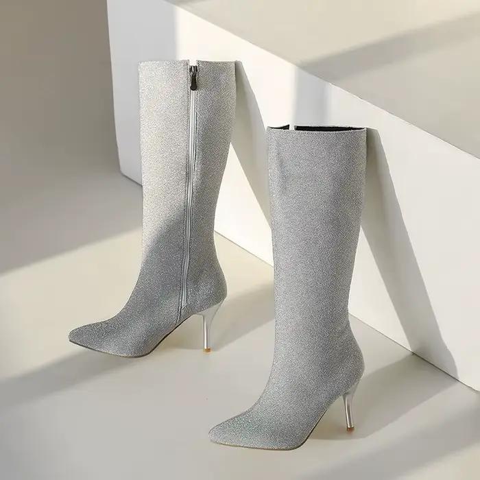 Bottes en tissu pailleté scintillantes pour femmes, élégantes bottes mi-hautes à talons fins pour hiver, occasions spéciales et sorties nocturnes