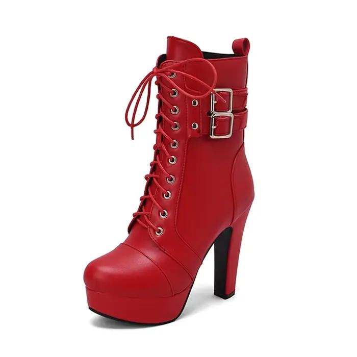 Botas De Mujer bottines femmes mode automne hiver croix attachée côté fermeture éclair talons hauts plate-forme bottes grande taille 48 49 50 338-10