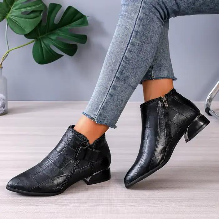 Nouvelles Bottines Femme 2026 à Bout Pointu et Talon Bas - Bottines Courtes Confortables en Cuir Souple avec Fermeture Éclair Latérale pour Automne Hiver
