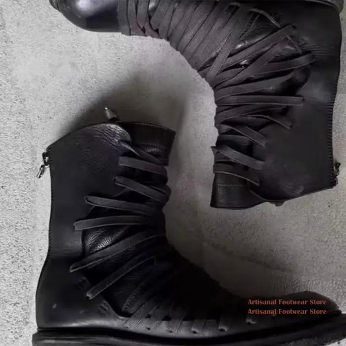 Bottes mi-mollet gothiques en cuir noir à plusieurs sangles ﻿ Bottines décontractées pour hommes à bout rond et semelle