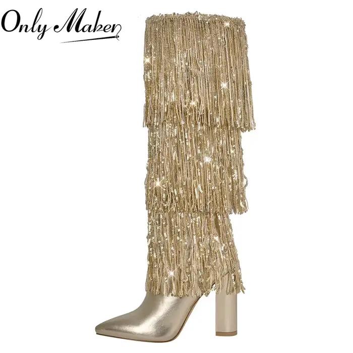 bottes au-dessus du genou Onlymaker bout pointu frange dorée pour femmes soirée danse élégantes ocassions spéciales