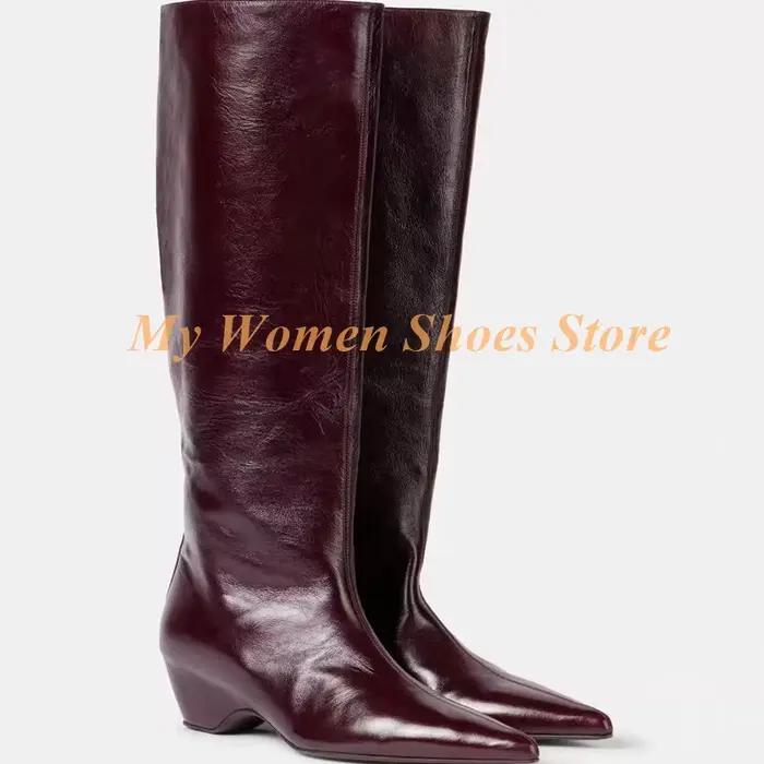 Bourgogne genou bottes hautes talon moyen sans lacet piste 2026 hiver automne femmes robe chaussures bout pointu talon noir nouveautés