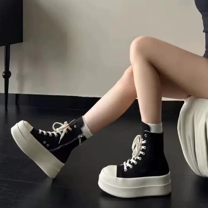 Bottes de rinçage en cuir et toile pour femmes, chaussures à plateforme confortables, chaussures montantes d'extérieur, bottes plates pour femmes, 35-40, automne