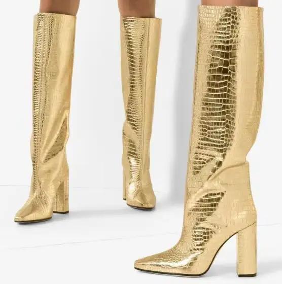 Bottes de chevalier à imprimé Crocodile pour femme, chaussures à talons carrés Python, bout pointu, hautes, jaunes, rouges et noires, nouvelle collection hiver