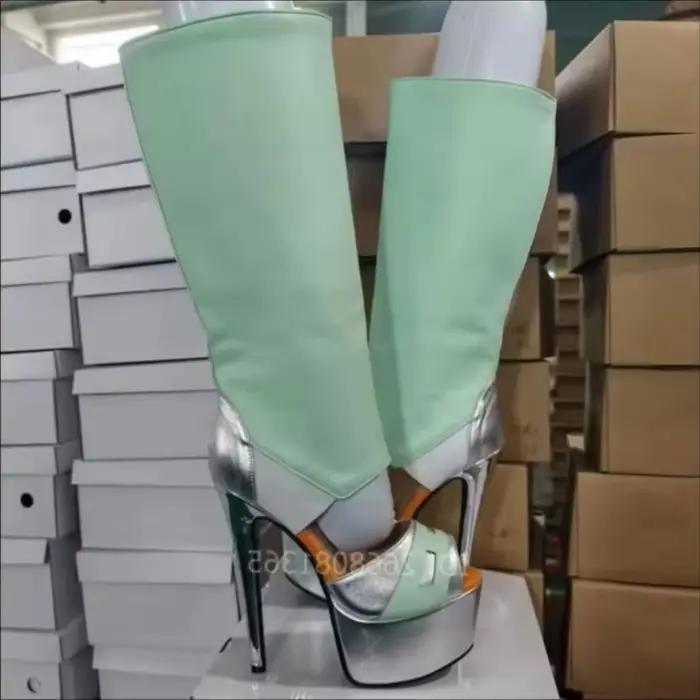 Bottes hautes pour femmes vert menthe argentées à bout ouvert