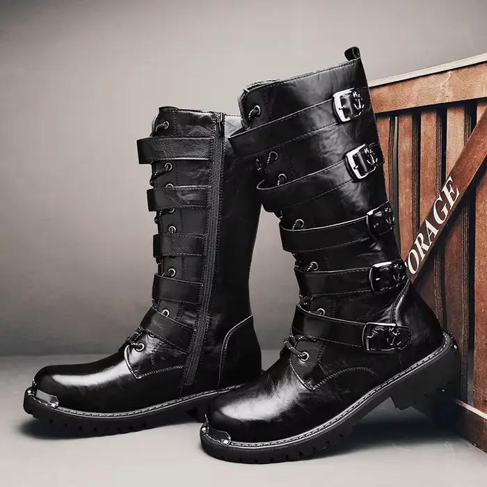 Bottes de moto hautes au genou pour hommes, légères, confortables, chaudes, tendance, noires, automne, hiver, mode