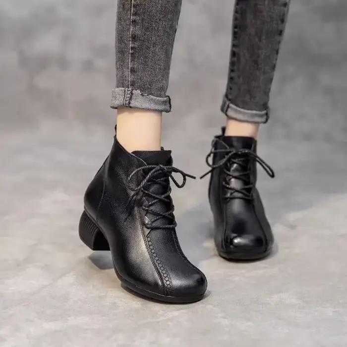 Bottines Courtes Rétro en Caoutchouc pour Femmes, Doublées en Polaire, Talon Carré, À Lacets Croisés, Style Vintage, Occasions Spéciales