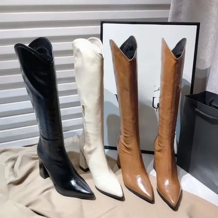 Bout pointu femmes bottes hautes hiver mode fermetures éclair latérales chaussons longs dames Sexy élégant fête
