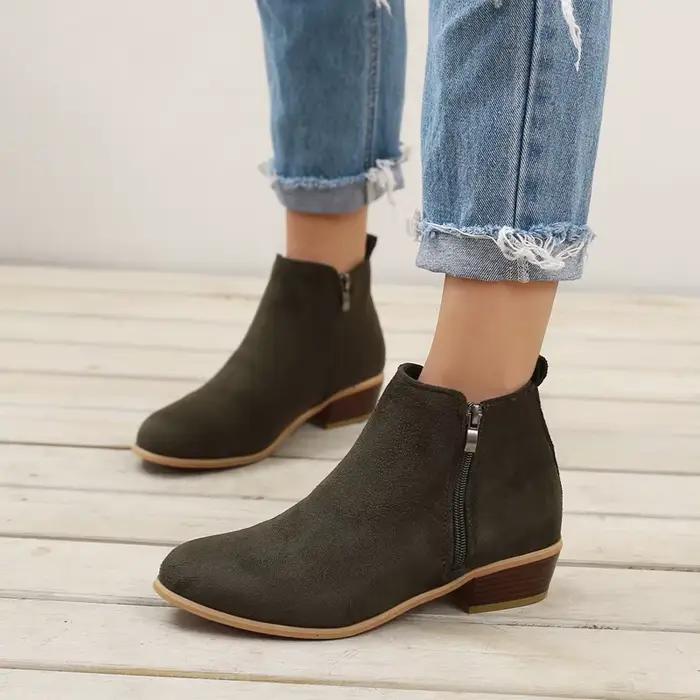 Bottines zippées pour femmes, chaussures en daim, talon bas carré, bout en amande, chaussures d'automne pour dames, talon de 3.5 Cm, bleu, 2025