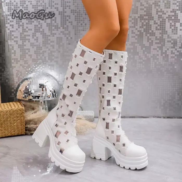 Nouvelles bottes maogu creuses pour femmes haute couture talon carré haut polyuréthane caoutchouc polyester automne printemps ocassions spéciales