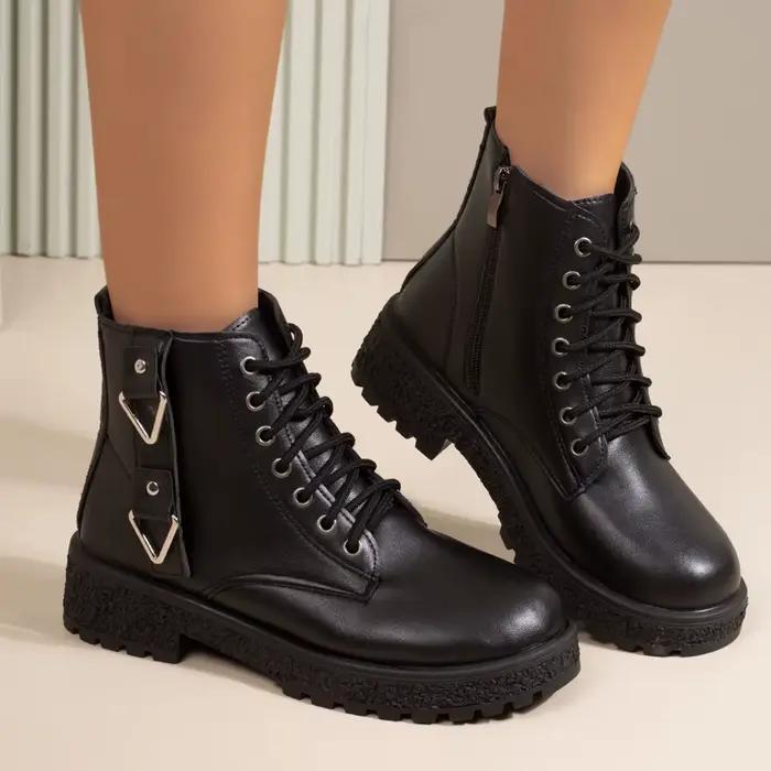 Bottes de combat noires à plateforme pour femmes, bottines d'hiver tendance avec boucle en cuir PU, bottes décontractées pour femmes grandes tailles, bottes de moto