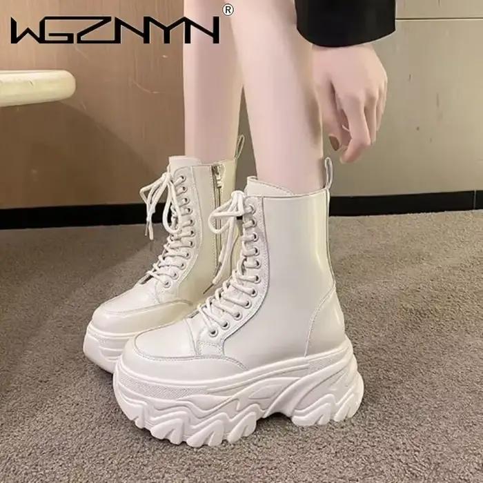 Femmes automne hiver en cuir mi-mollet bottes 8.5CM talons épais moto bottes femme fond épais haute plate-forme chaussons courts