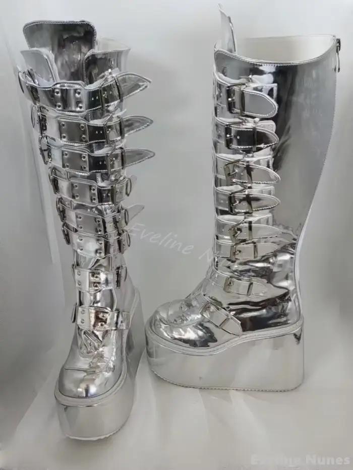 Bottes à Plateforme Argentée Compensées au Genou pour Femme