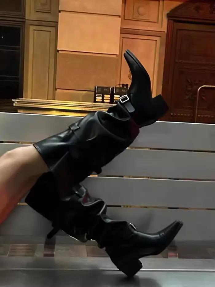 Bottes longues à talon épais et bout pointu avec boucle de ceinture, style sexy et large, pour jeunes femmes – Collection Printemps 2026