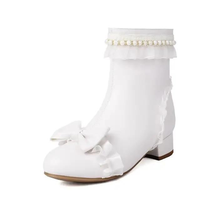 Femmes bottes doux mode nœud talon épais Lolita Cheongsam robe de mariée dentelle mignon Kawaii jeu de rôle filles bottes courtes 99-8
