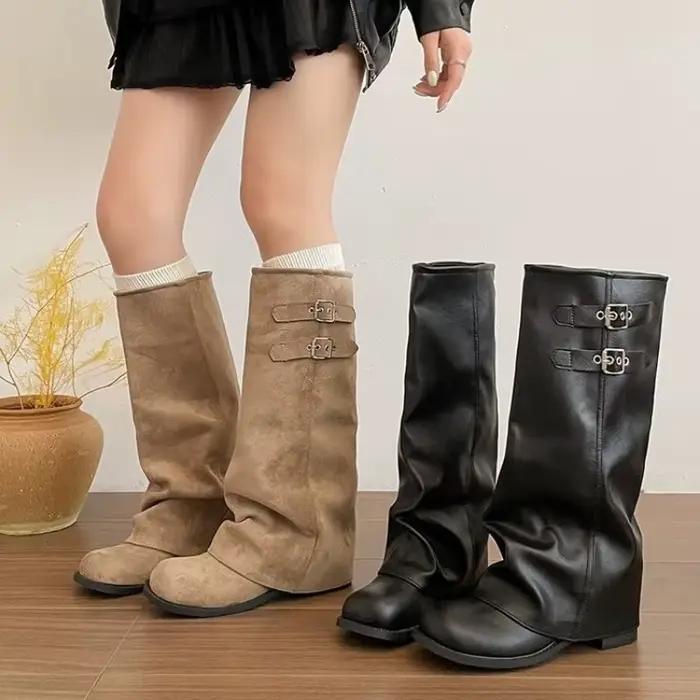Bottes hautes pliables chic à la française pour femme, style décontracté, à talon compensé, à enfiler, noires, kaki, bout rond, avec bride à boucle, type moto