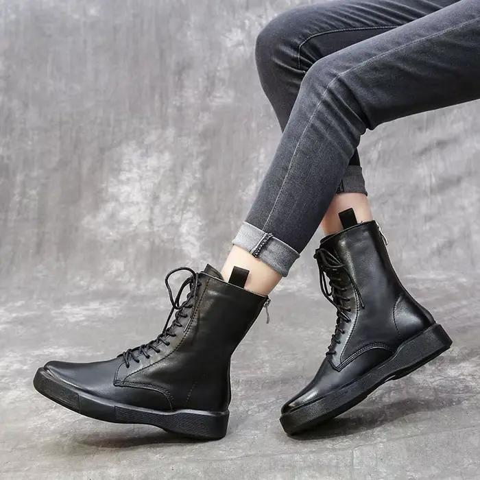 DRKANOL 2026 mode femmes bottes automne hiver chaussures fond souple 100% en cuir véritable plat mi-mollet