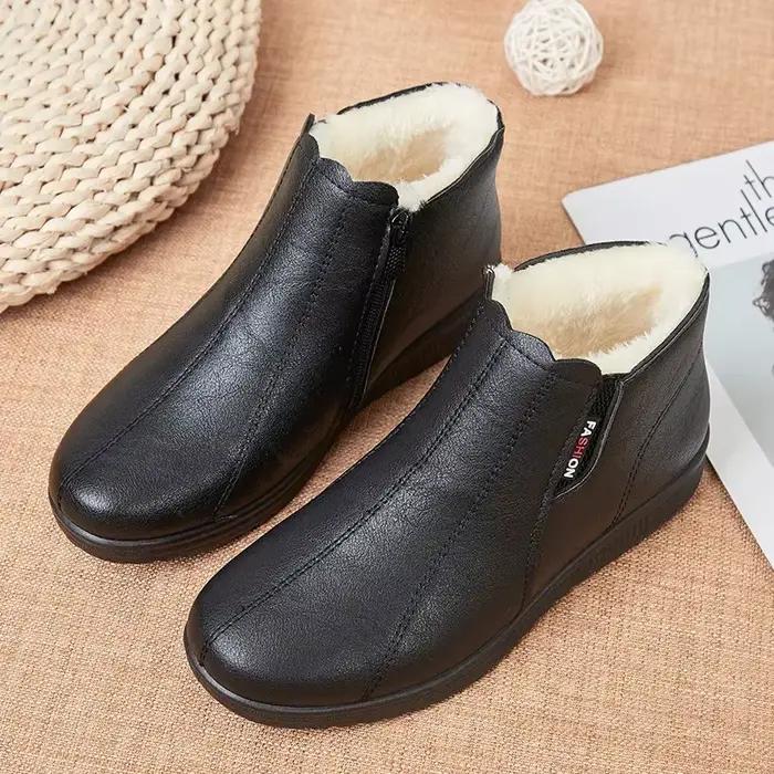 Chaussures en cuir souple pour femmes, botte en peluche, coton spinal, à semelle souple, à laisse moyenne, hiver