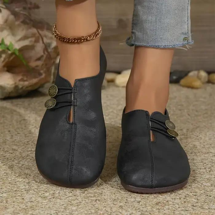 Chaussures plates confortables à semelle souple et bout rond pour femmes, avec boucle décorée, couleur unie, décontractées, respirantes, design à enfiler facile