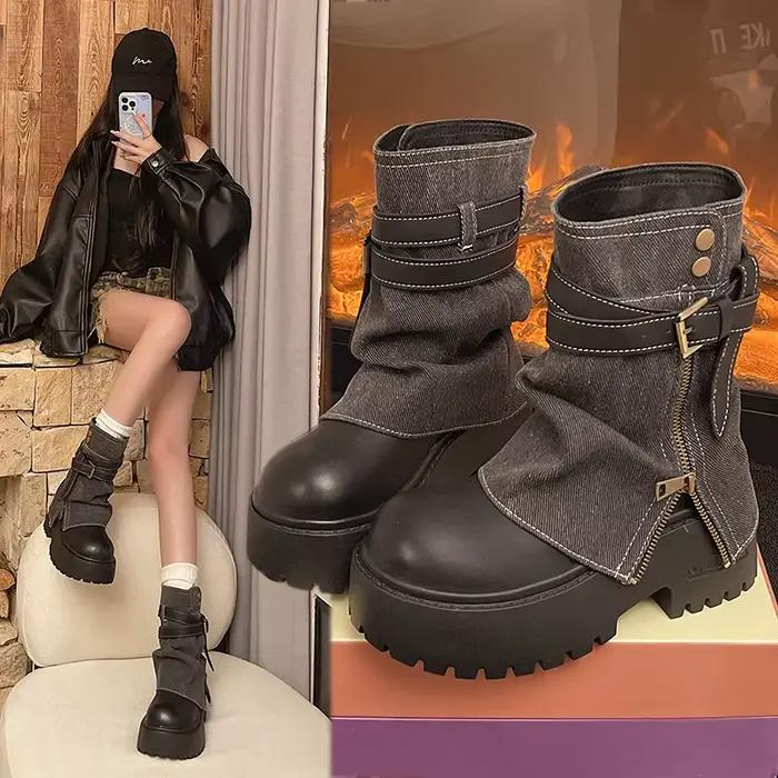 Bottines pour femmes, style cowboy, plates, à plateforme, avec fermeture éclair, mode créateur, bottes gothiques d'hiver, nouvelles bottes de marche, Mujer Botas